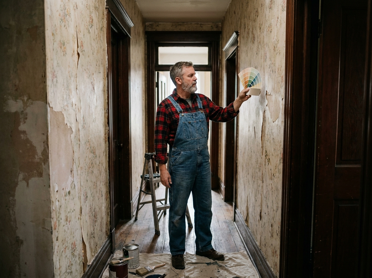 Homme en overalls tenant des échantillons de couleur dans un couloir