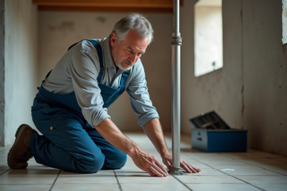 Homme en overalls inspectant un joint de tuyau dans un sous-sol