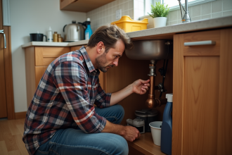 Homme d'âge moyen examine tuyaux cuivre sous évier cuisine