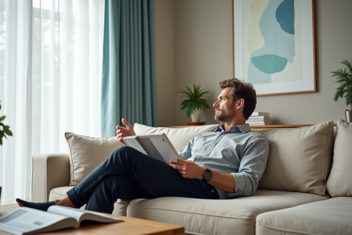 Homme détendu sur un canapé avec rideaux bleus dans un salon moderne