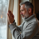 Homme d'âge moyen touchant un rideau thermique à motif intérieur