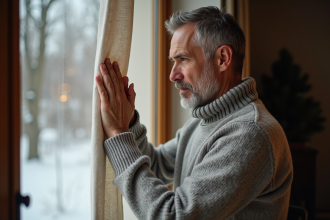 Homme d'âge moyen touchant un rideau thermique à motif intérieur