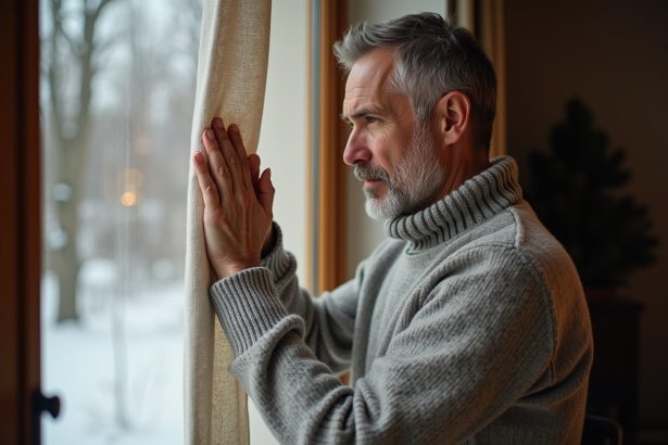 Homme d'âge moyen touchant un rideau thermique à motif intérieur