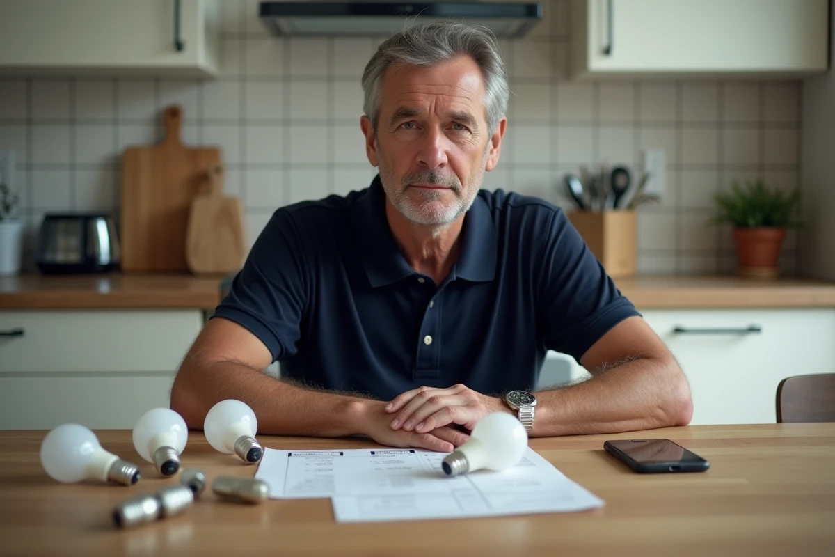 Homme consultant un tableau de correspondance lumens watts avec des ampoules disposées sur une table de cuisine