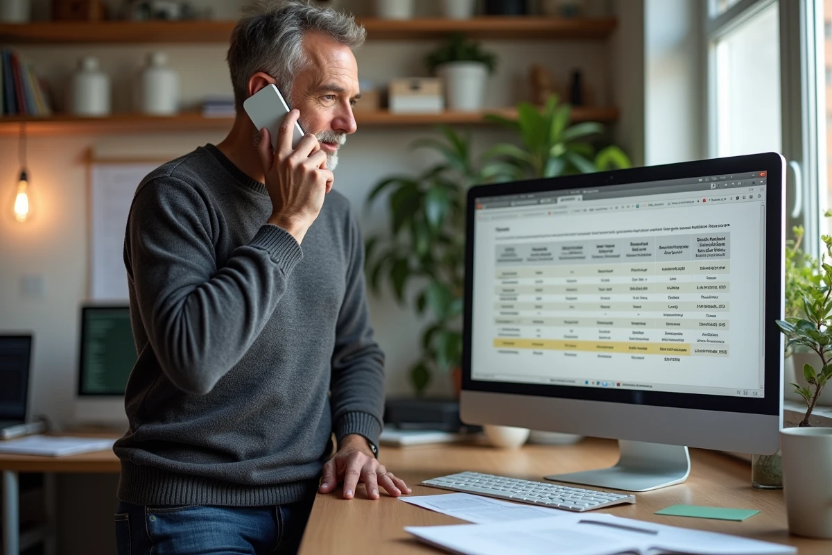 Homme parle au téléphone près de son ordinateur dans un bureau