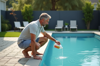 Homme d'âge moyen versant un traitement dans la piscine extérieure