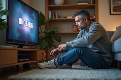Homme vérifiant les câbles de la télévision dans un salon