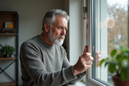 Homme en pull examine le joint d'une fenêtre moderne