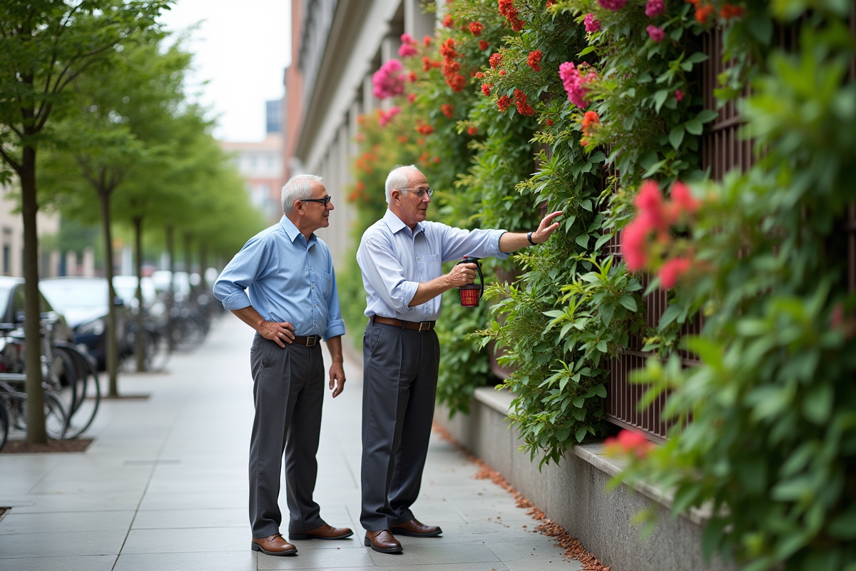 Deux hommes âgés arrosant un jardin vertical urbain