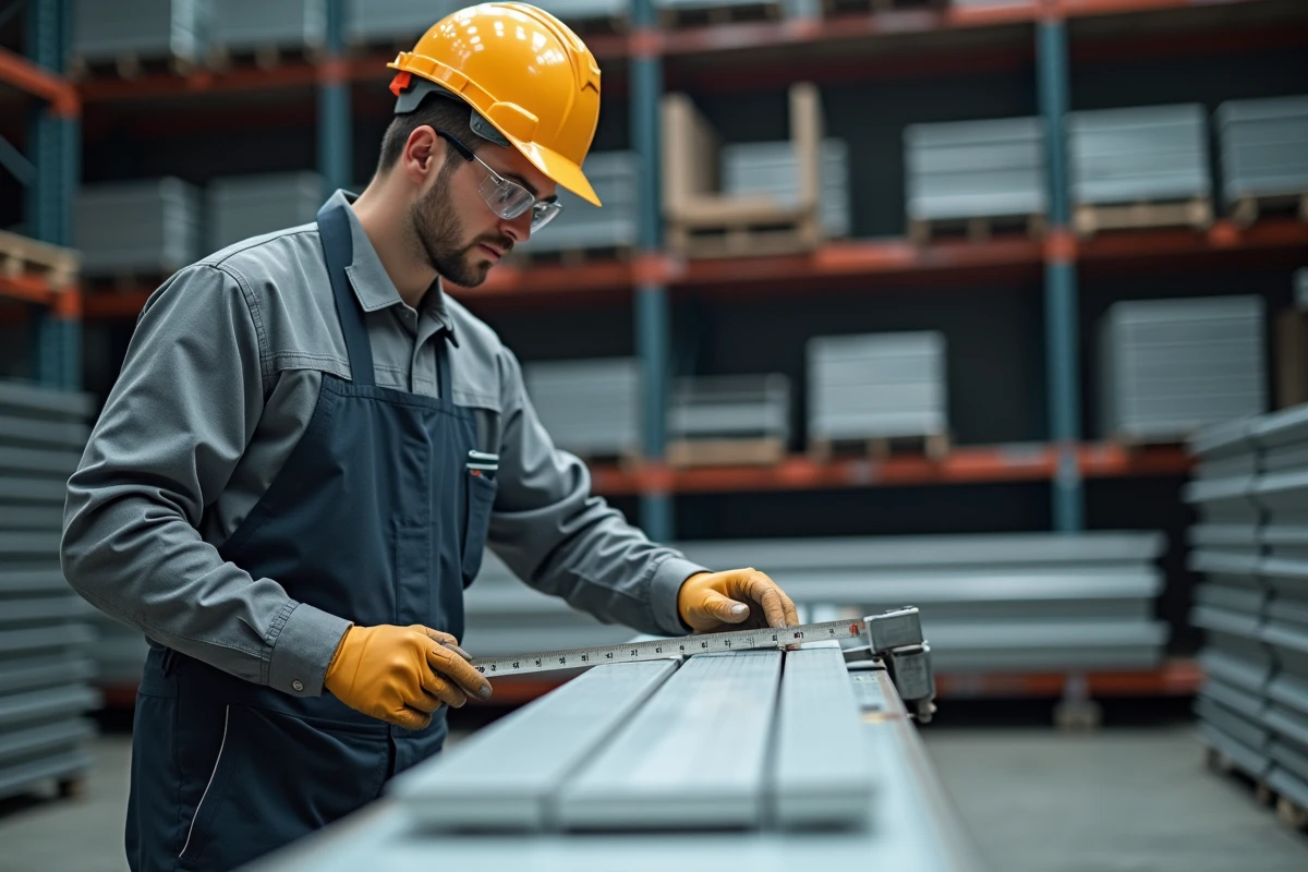 Ingénieur mesurant un tube rectangulaire en aluminium dans un entrepôt de distribution de profilés métalliques