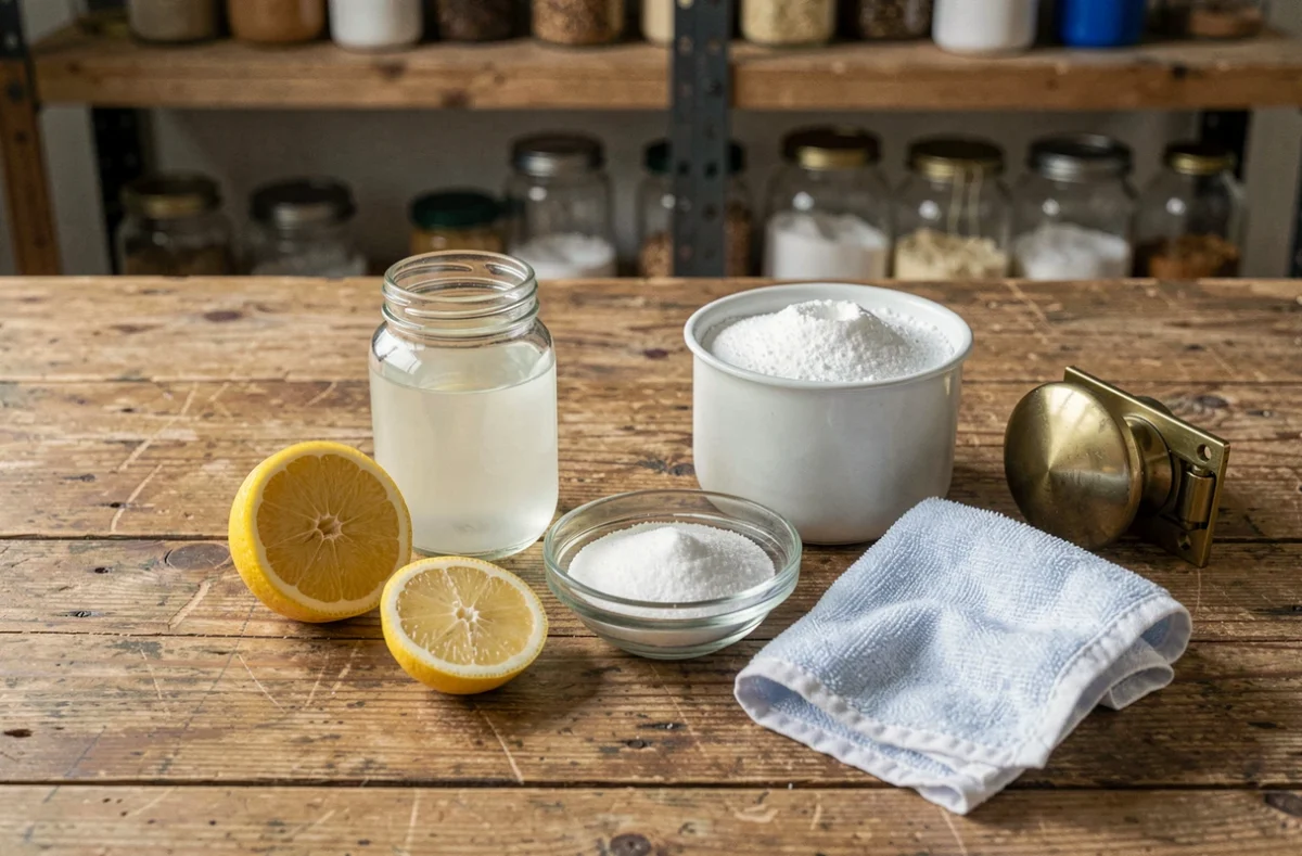 Ingrédients naturels pour faire briller le laiton maison : citron, vinaigre blanc, sel et bicarbonate posés sur une table en bois avec un robinet en laiton