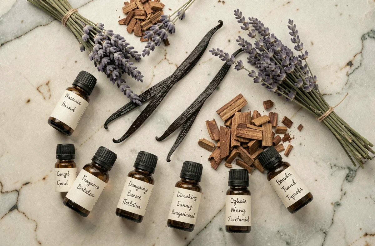 Ingrédients de parfums biologiques et huiles essentielles pour la fabrication de bougies bio