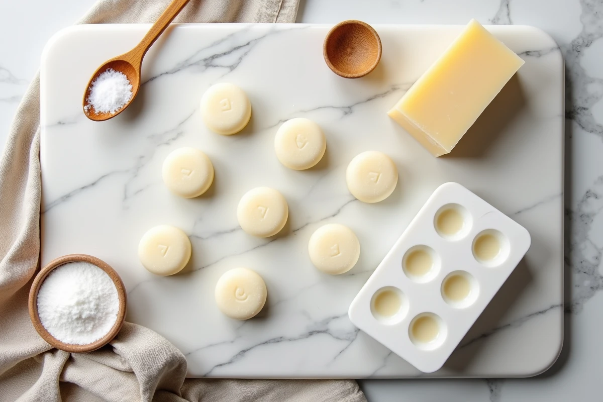 Vue de dessus des ingrédients et moules pour fabriquer des pastilles de savon maison pour le linge et la vaisselle