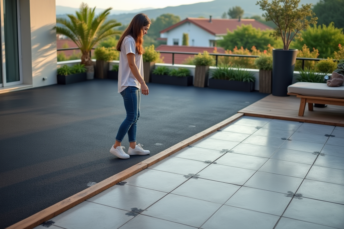 Jeune femme inspectant couche de bitume sur terrasse extérieure