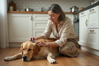 Femme inspectant la fourrure de son chien golden retriever dans une cuisine pour détecter des parasites ou larves de mouche