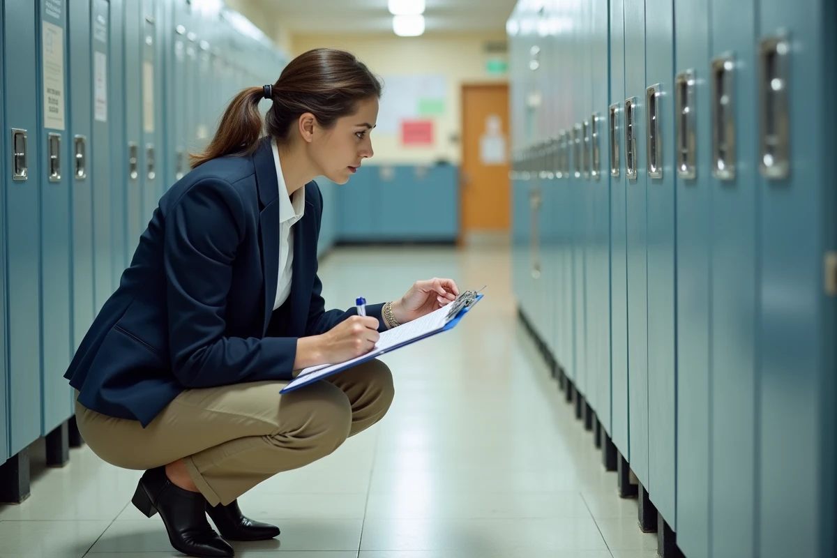 Inspectrice de sécurité vérifiant une pince doigt transparente sur une porte d'école primaire française