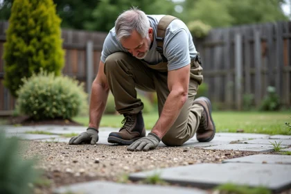 Homme en overalls inspectant une dalle en béton dans un jardin