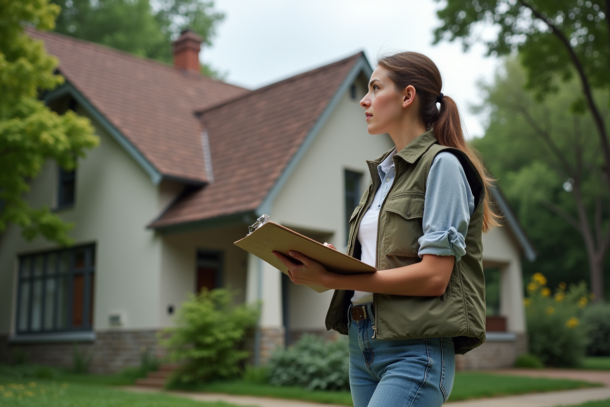 Jeune femme examine un toit en fibrociment depuis la rue