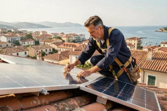 Installateur de panneaux solaires sur un toit en tuiles à Nice avec vue sur la mer Méditerranée