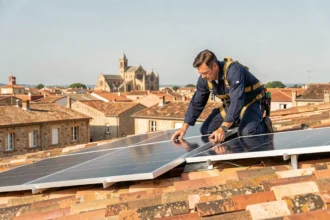 Technicien solaire installant des panneaux photovoltaïques sur un toit en tuiles de Toulouse avec la basilique Saint-Sernin en arrière-plan