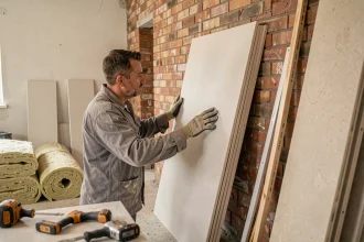 Ouvrier installant une plaque de placo phonique contre un mur mitoyen en briques lors de travaux d'isolation acoustique