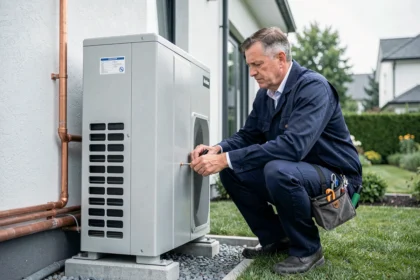 Technicien inspectant une pompe à chaleur air-eau installée sur la façade extérieure d'une maison moderne