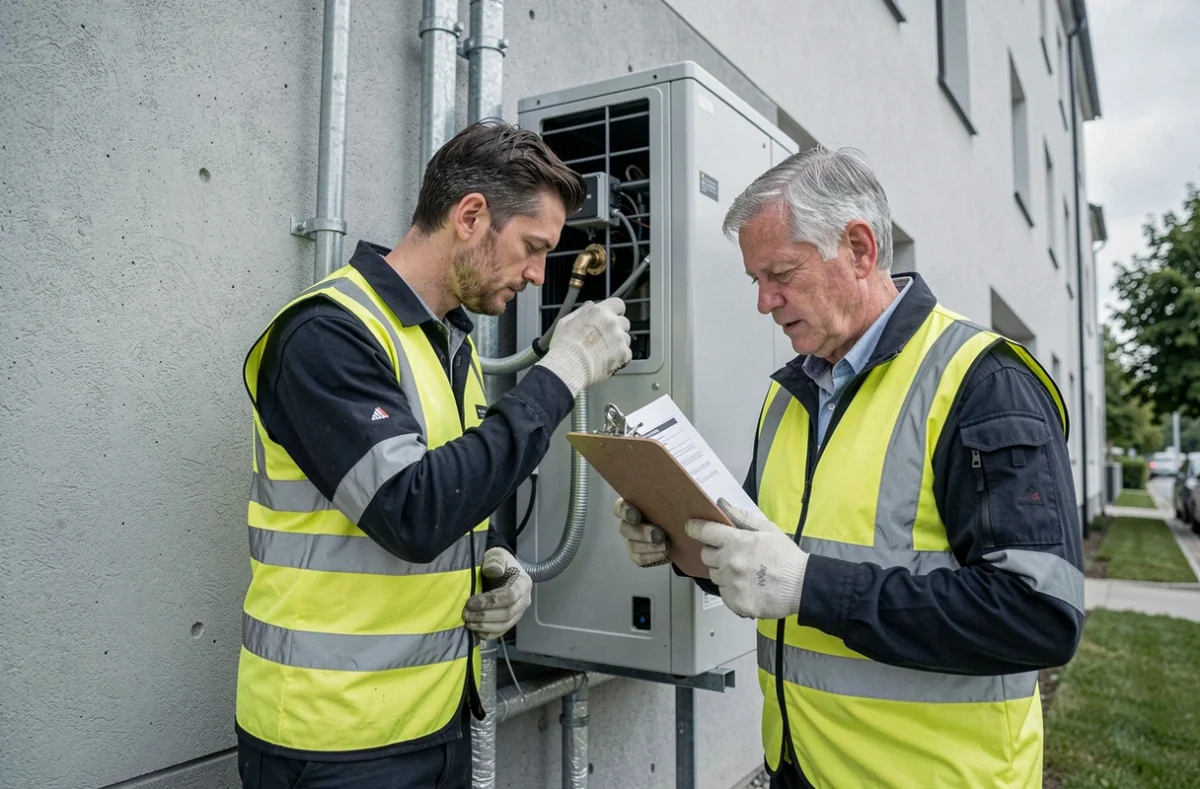 Deux techniciens installant une pompe à chaleur murale avec vérification des spécifications techniques sur chantier résidentiel