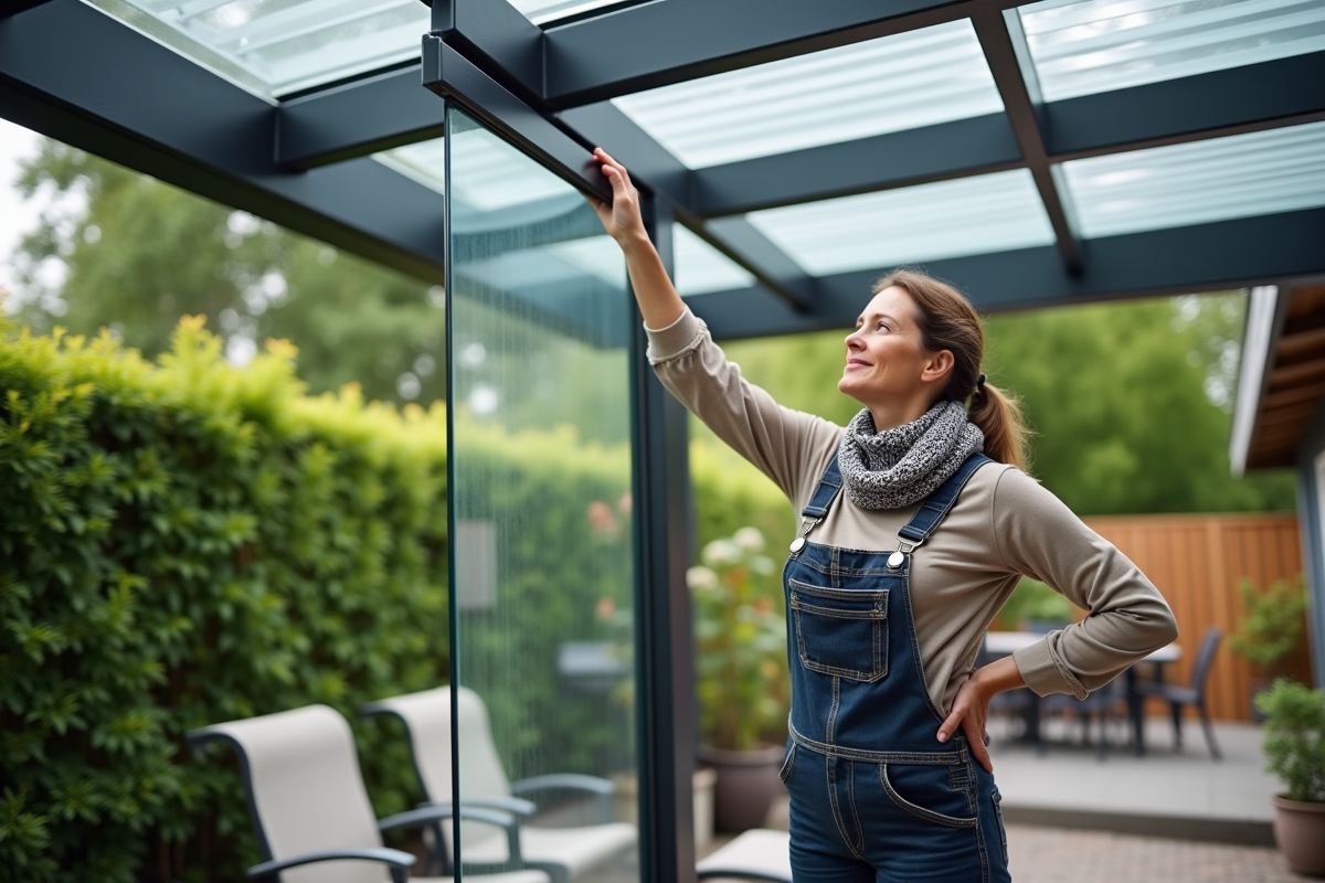 Femme installant une plaque de polycarbonate sur une pergola