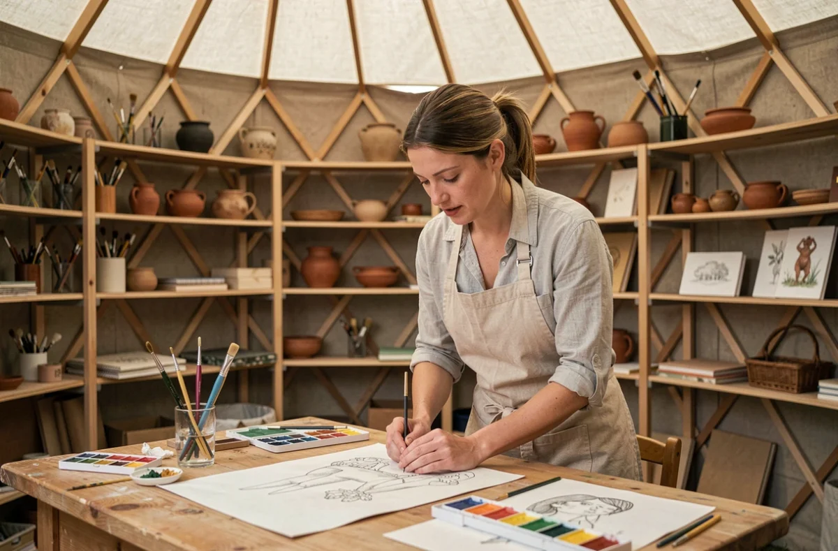 Intérieur de yourte transformé en atelier d'artiste avec une femme travaillant sur une illustration entourée de matériel créatif