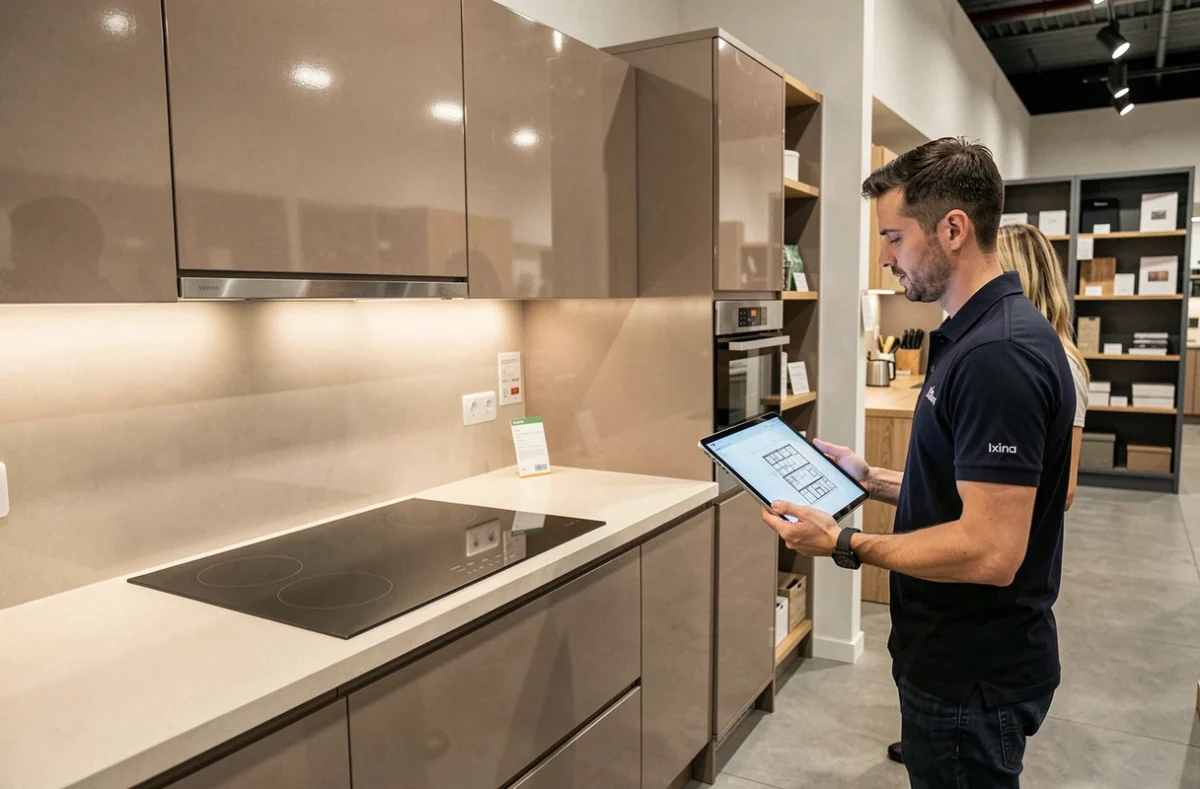 Consultant cuisine chez Ixina Malo à Melesse présentant des plans 3D de cuisine taupe sur tablette numérique