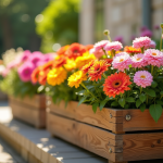 Balcon ensoleille avec fleurs colorées en pot