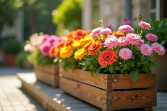 Balcon ensoleille avec fleurs colorées en pot