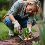 Femme au jardin divisant des bulbes de lilas dans un jardin