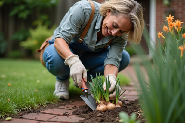 Femme au jardin divisant des bulbes de lilas dans un jardin