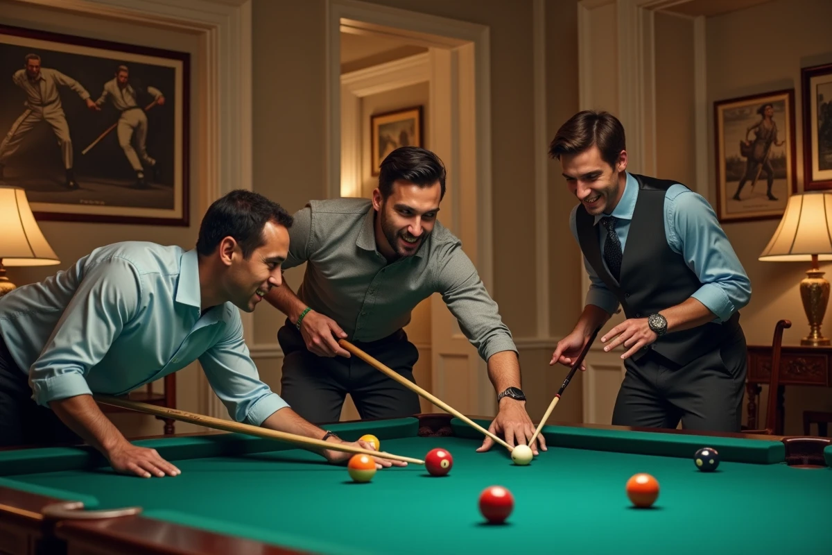 Groupe de trois personnes jouant au billard dans une salle sophistiquée