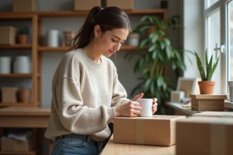 Jeune femme emballant des mugs en papier recyclé dans un atelier