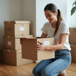 Jeune femme emballant une boxe dans un appartement moderne