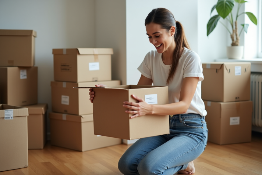 Jeune femme emballant une boxe dans un appartement moderne