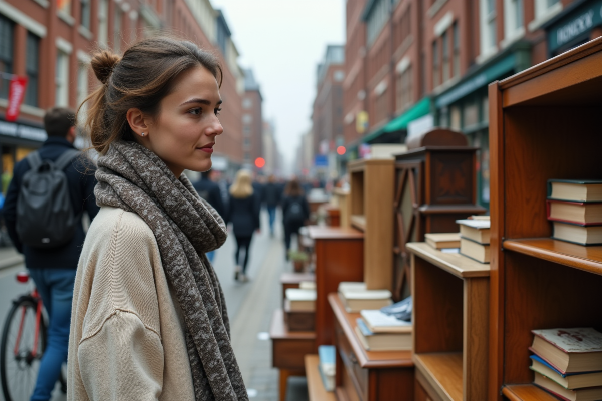 Jeune femme examine une étagère d