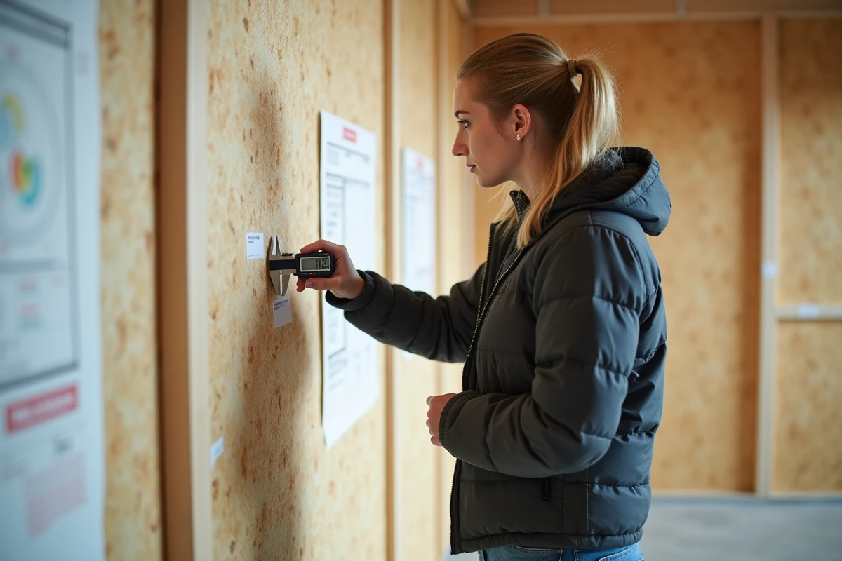 Jeune ingénieure mesurant une plaque de placo avec un caliper