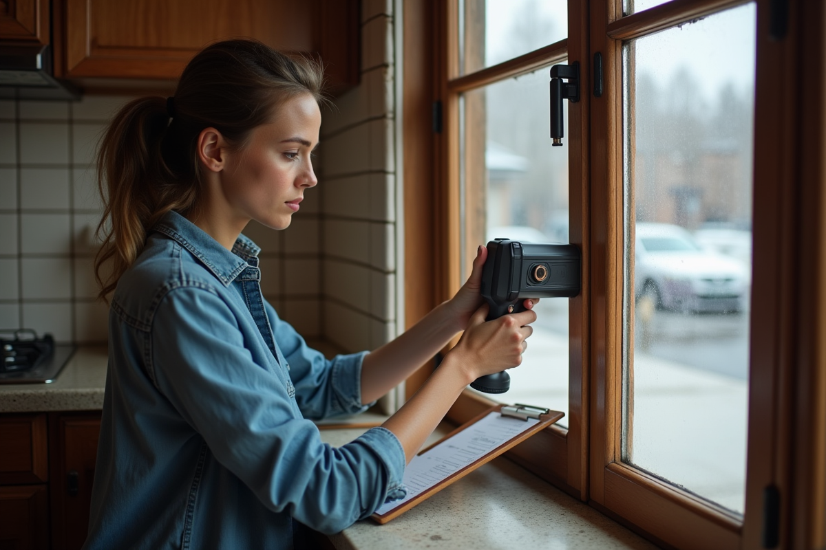Jeune femme en jean contrôle une fenêtre ancienne avec un thermomètre