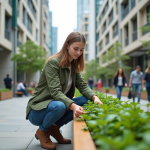 Jeune femme en ville arrangeant des plantes vertes