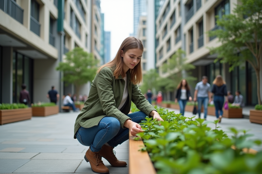 Jeune femme en ville arrangeant des plantes vertes