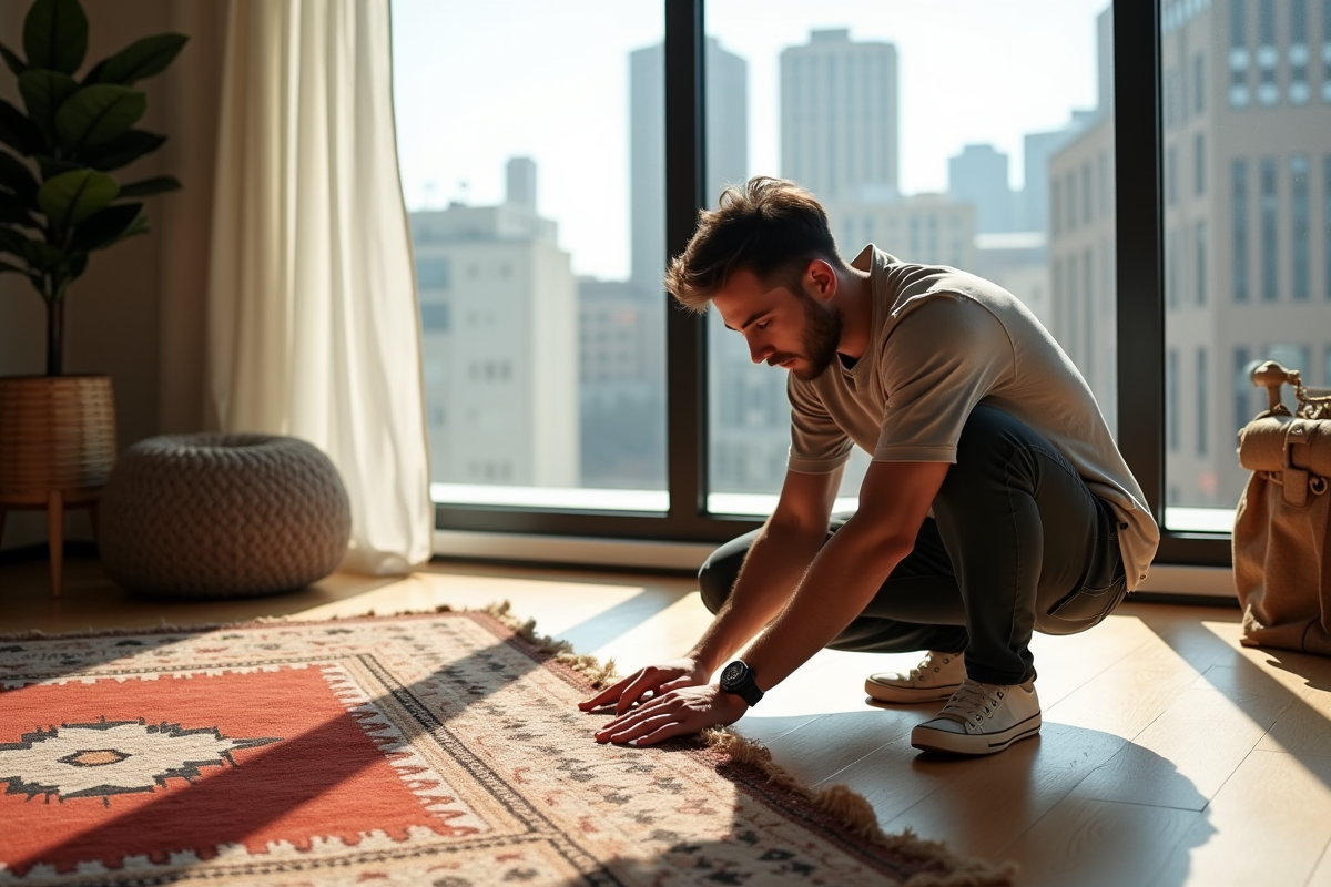 Jeune homme inspectant un tapis marocain vintage