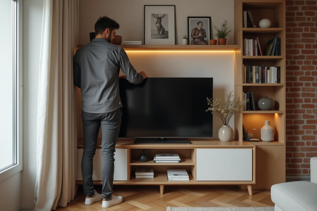 Jeune homme arrangeant des livres sur un meuble TV contemporain dans un appartement lumineux