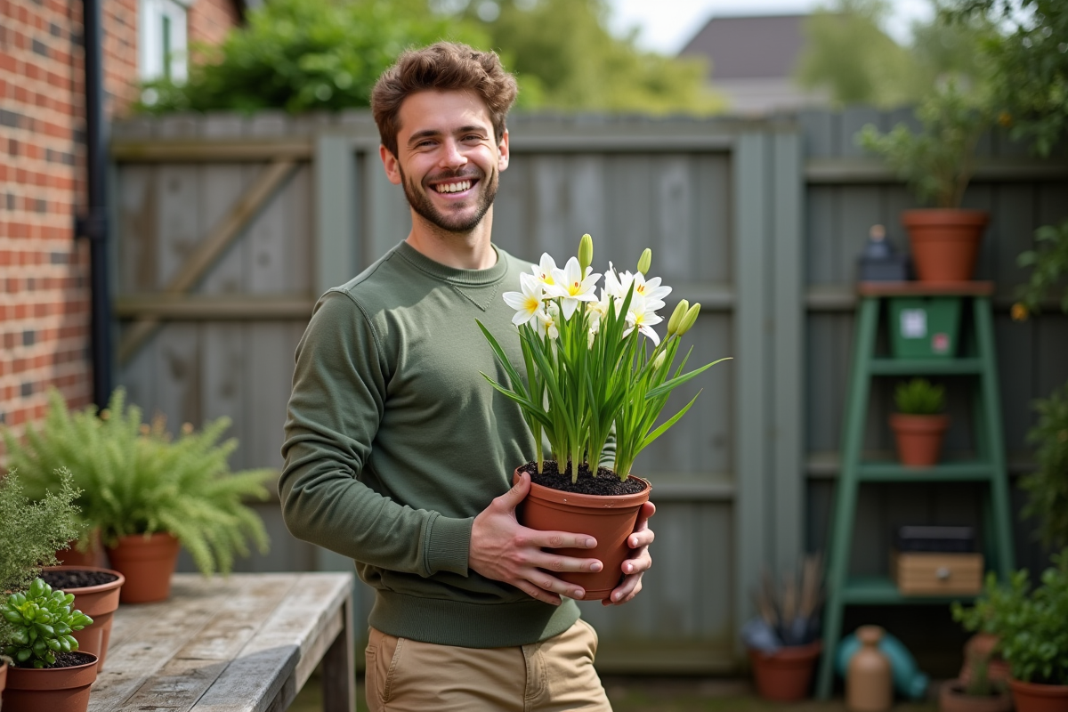 Jeune homme tenant un pot de bulbes de lilas propagés