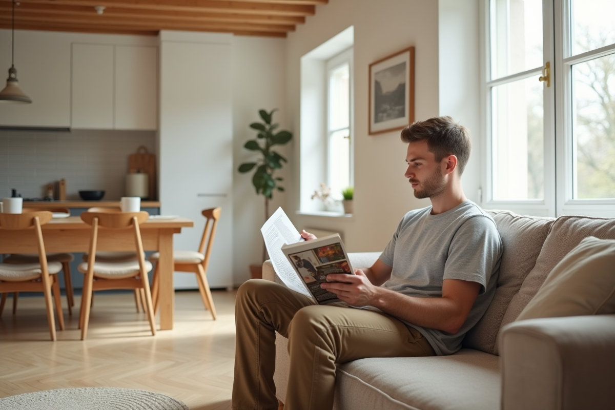 Jeune homme lisant un magazine dans un salon scandinave