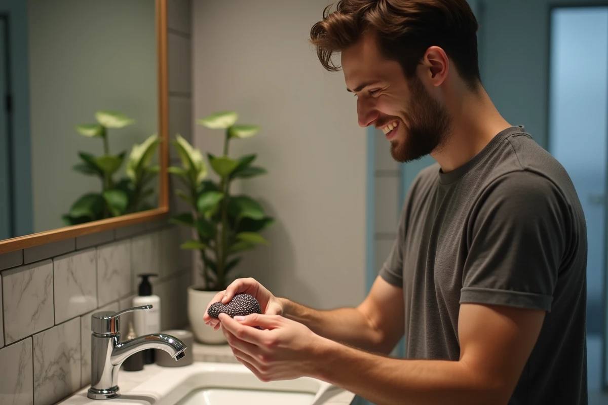 Jeune homme nettoyant un bracelet en argent dans la salle de bain
