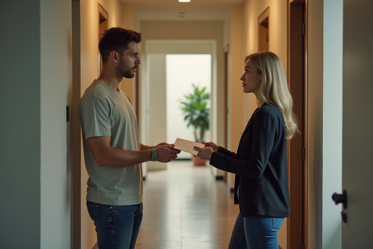 Jeune homme remettant une lettre de préavis à un gestionnaire immobilier