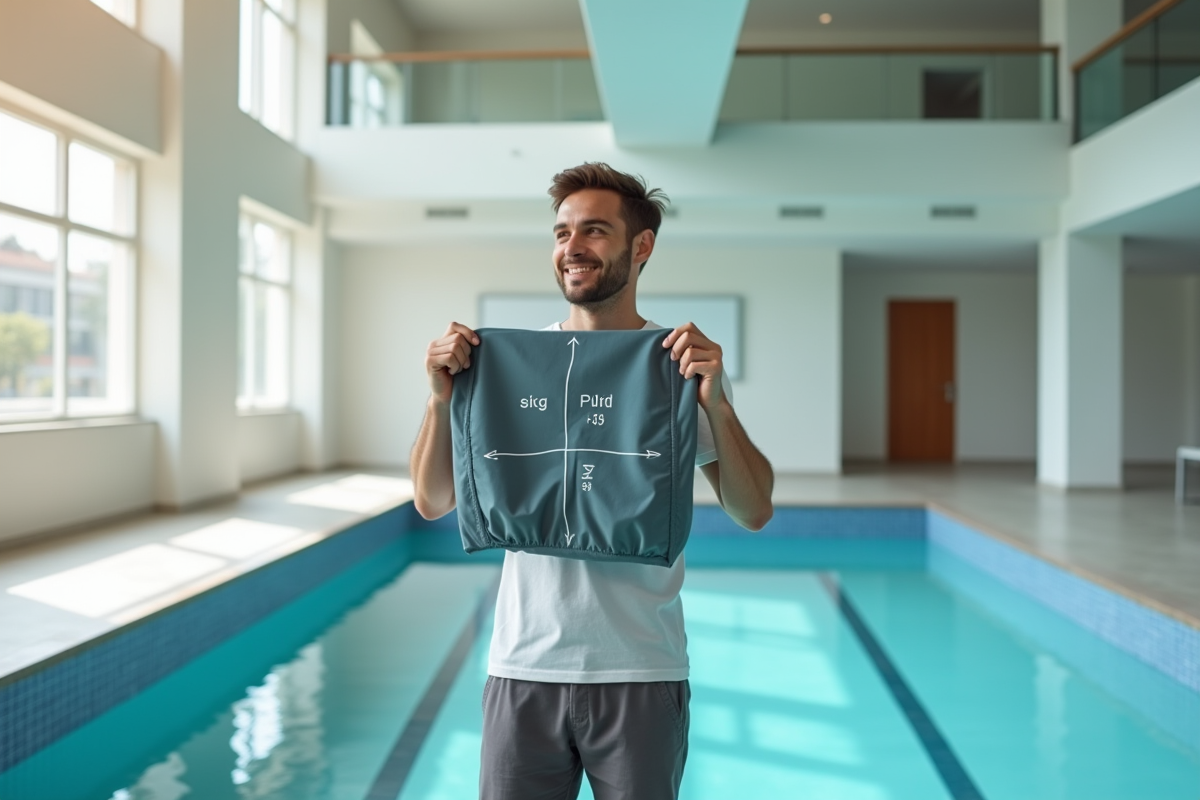 Jeune homme examine la couverture de la piscine intérieure